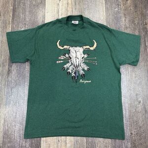 Vtg Native American Buffalo‎ Skull Arizona T-Shirt Single Stitch Green Men's XL